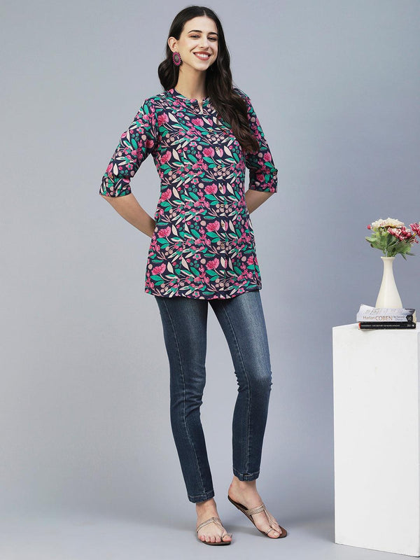 Floral Printed Wooden Buttoned A-line Shirt - Blue - Indiakreations