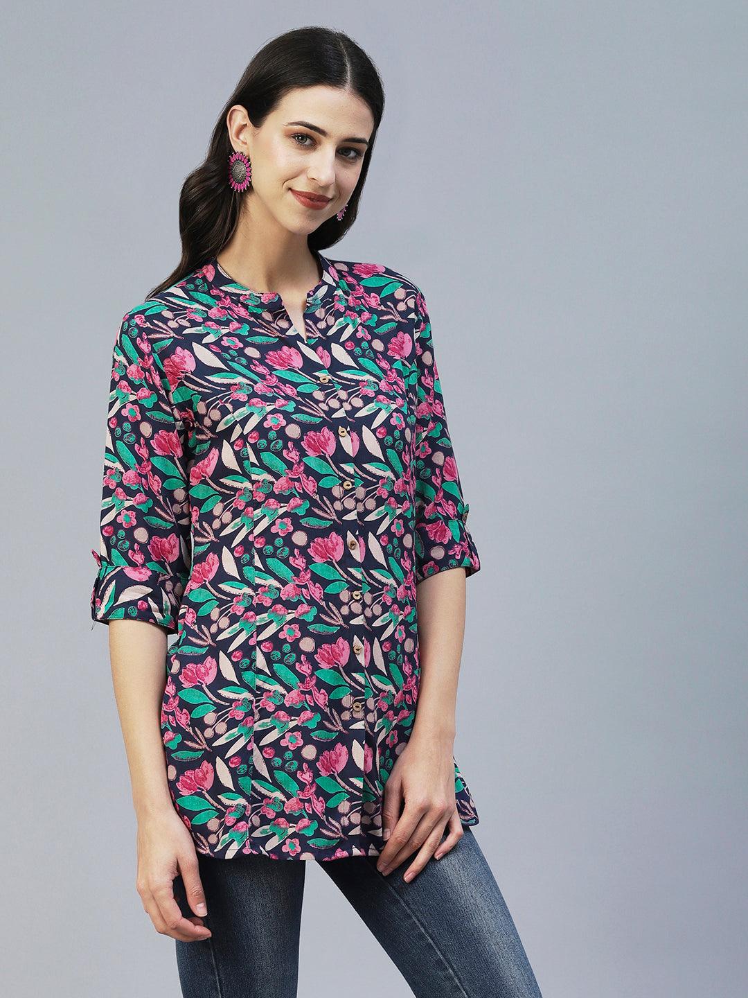 Floral Printed Wooden Buttoned A-line Shirt - Blue - Indiakreations