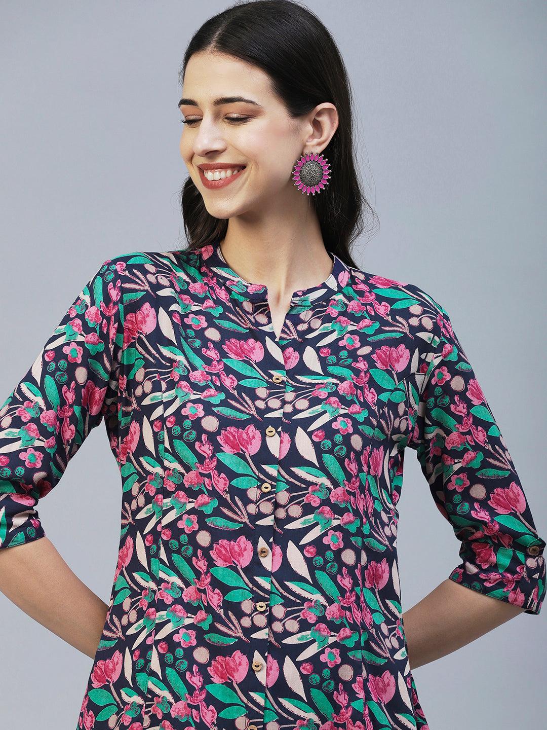 Floral Printed Wooden Buttoned A-line Shirt - Blue - Indiakreations