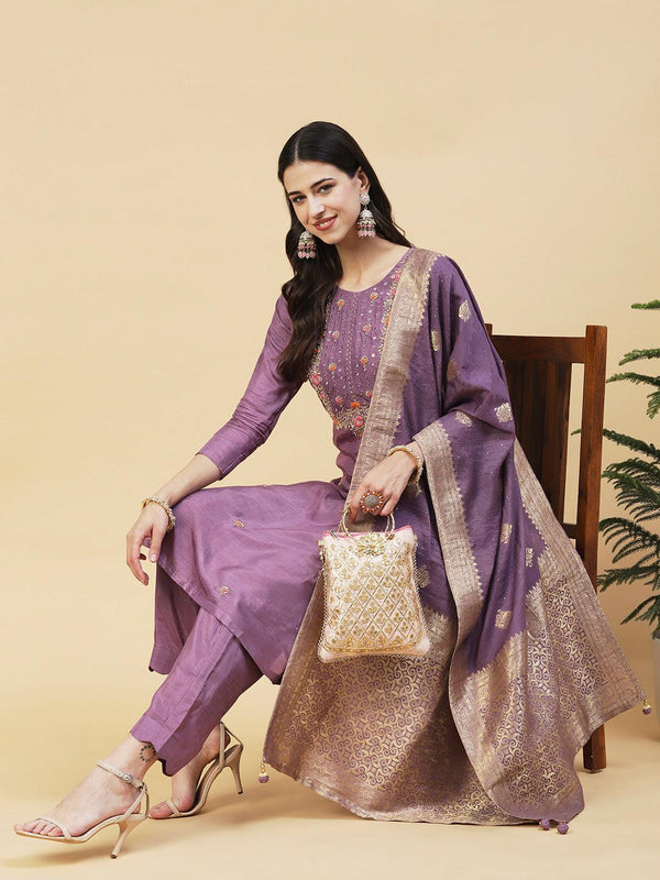 Floral Hand Embroidered Straight Fit Kurta with Pant & Dupatta - Lavender - Indiakreations