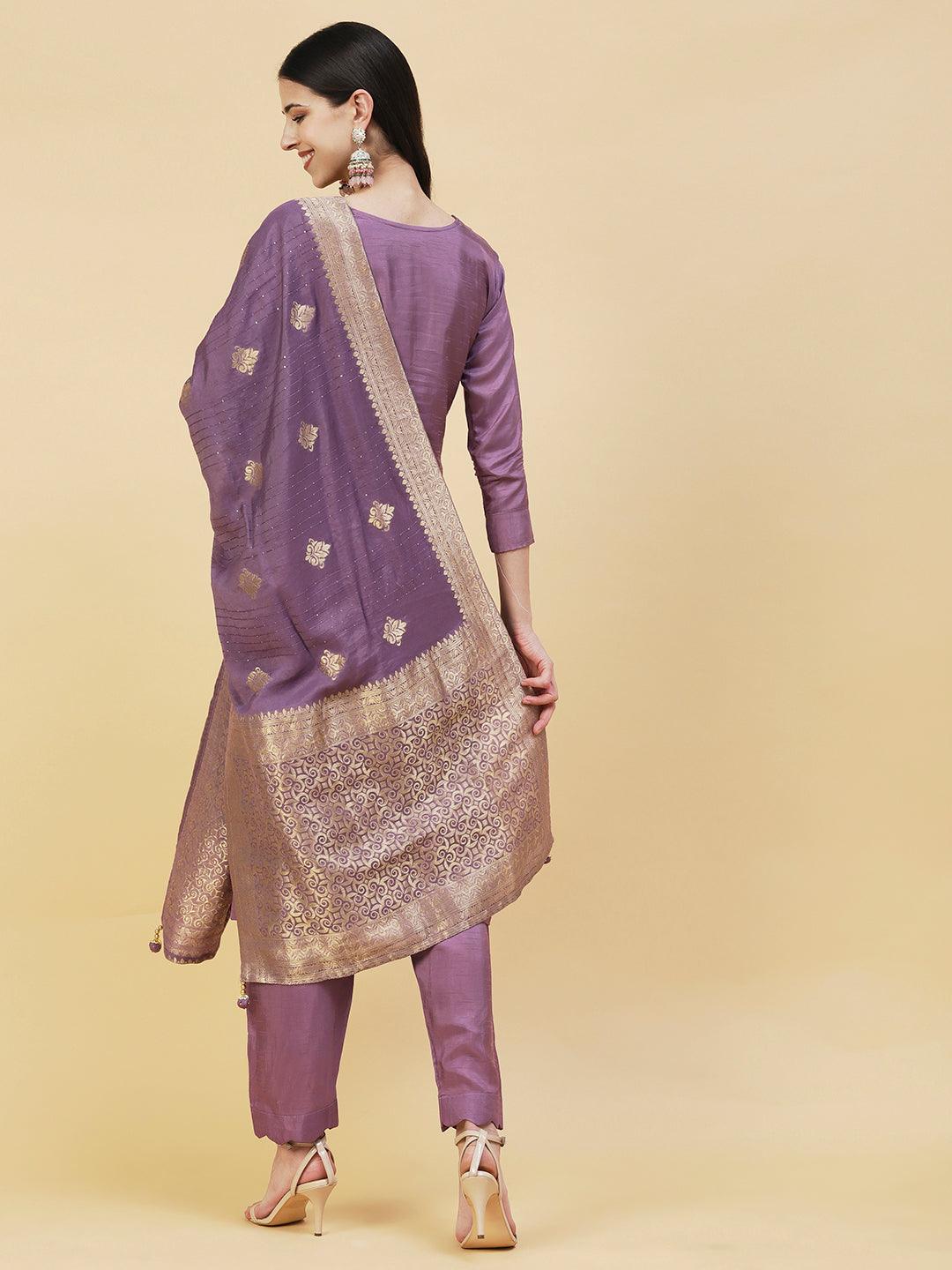 Floral Hand Embroidered Straight Fit Kurta with Pant & Dupatta - Lavender - Indiakreations