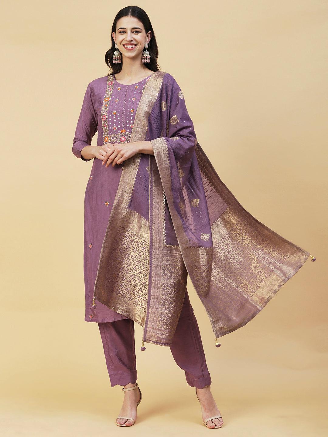 Floral Hand Embroidered Straight Fit Kurta with Pant & Dupatta - Lavender - Indiakreations