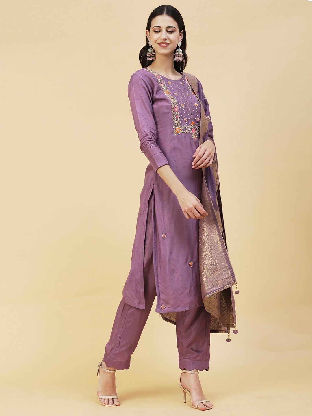 Floral Hand Embroidered Straight Fit Kurta with Pant & Dupatta - Lavender - Indiakreations