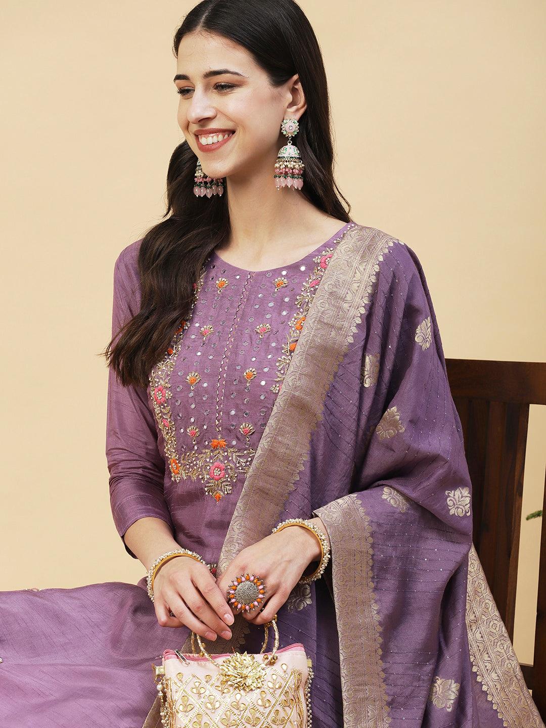 Floral Hand Embroidered Straight Fit Kurta with Pant & Dupatta - Lavender - Indiakreations