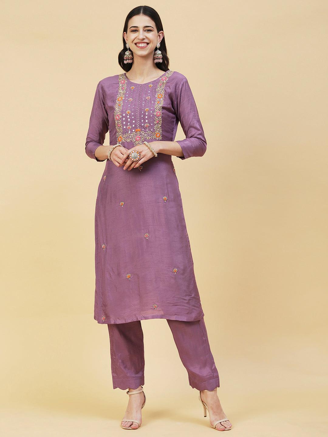 Floral Hand Embroidered Straight Fit Kurta with Pant & Dupatta - Lavender - Indiakreations