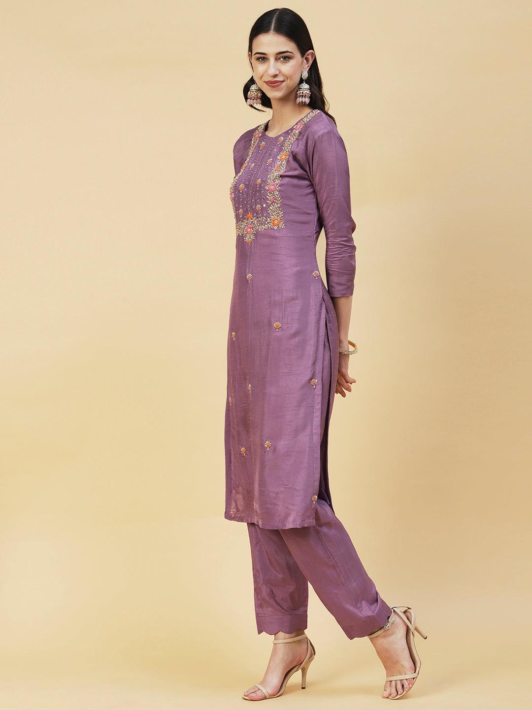 Floral Hand Embroidered Straight Fit Kurta with Pant & Dupatta - Lavender - Indiakreations