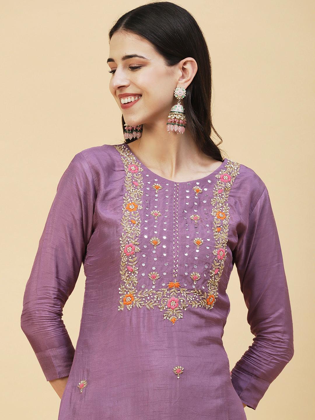 Floral Hand Embroidered Straight Fit Kurta with Pant & Dupatta - Lavender - Indiakreations