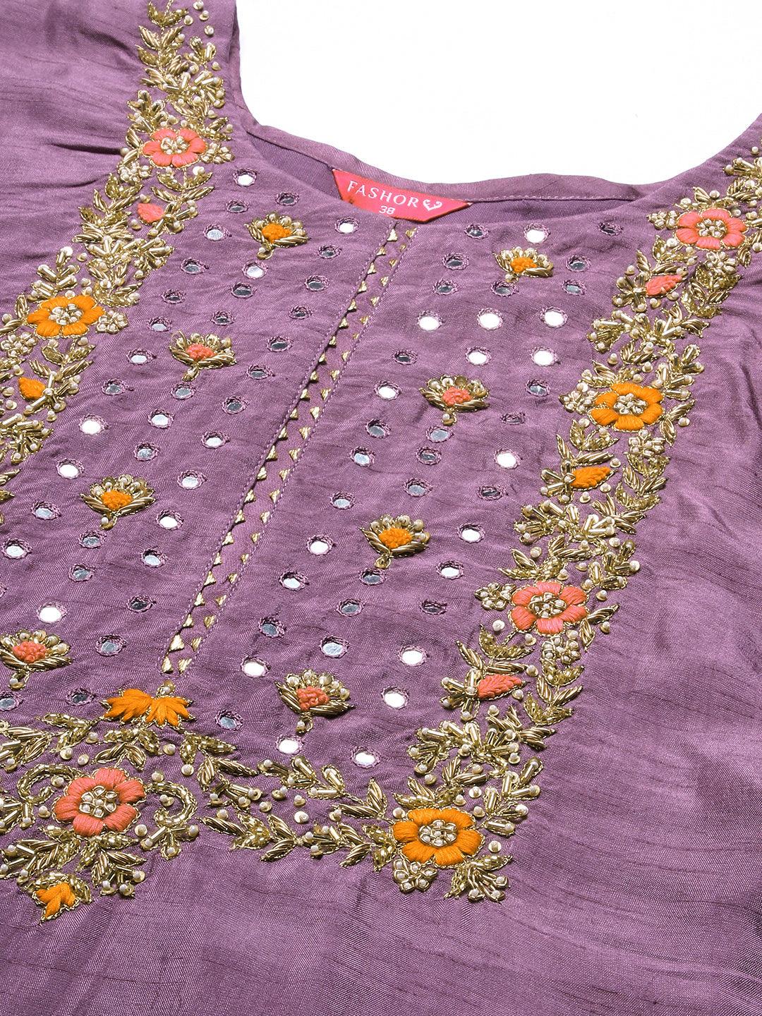 Floral Hand Embroidered Straight Fit Kurta with Pant & Dupatta - Lavender - Indiakreations