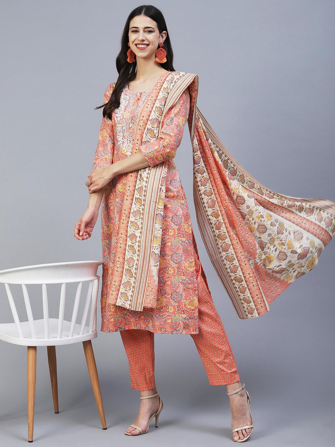 Floral Printed Resham Embroidered Kurta With Pants & Printed Dupatta - Peach - Indiakreations