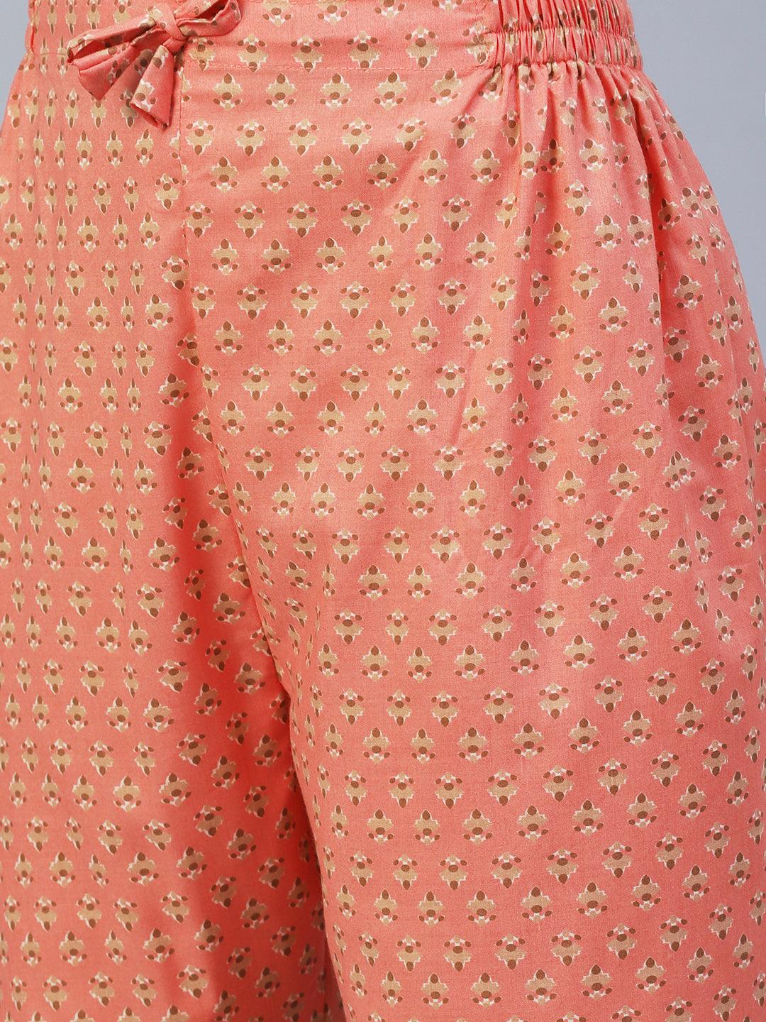 Floral Printed Resham Embroidered Kurta With Pants & Printed Dupatta - Peach - Indiakreations