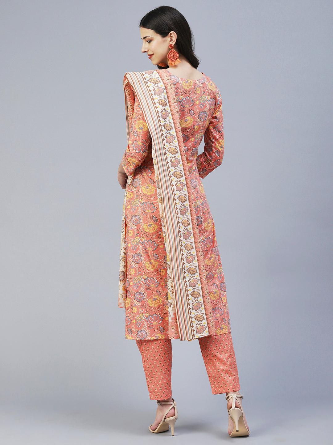 Floral Printed Resham Embroidered Kurta With Pants & Printed Dupatta - Peach - Indiakreations