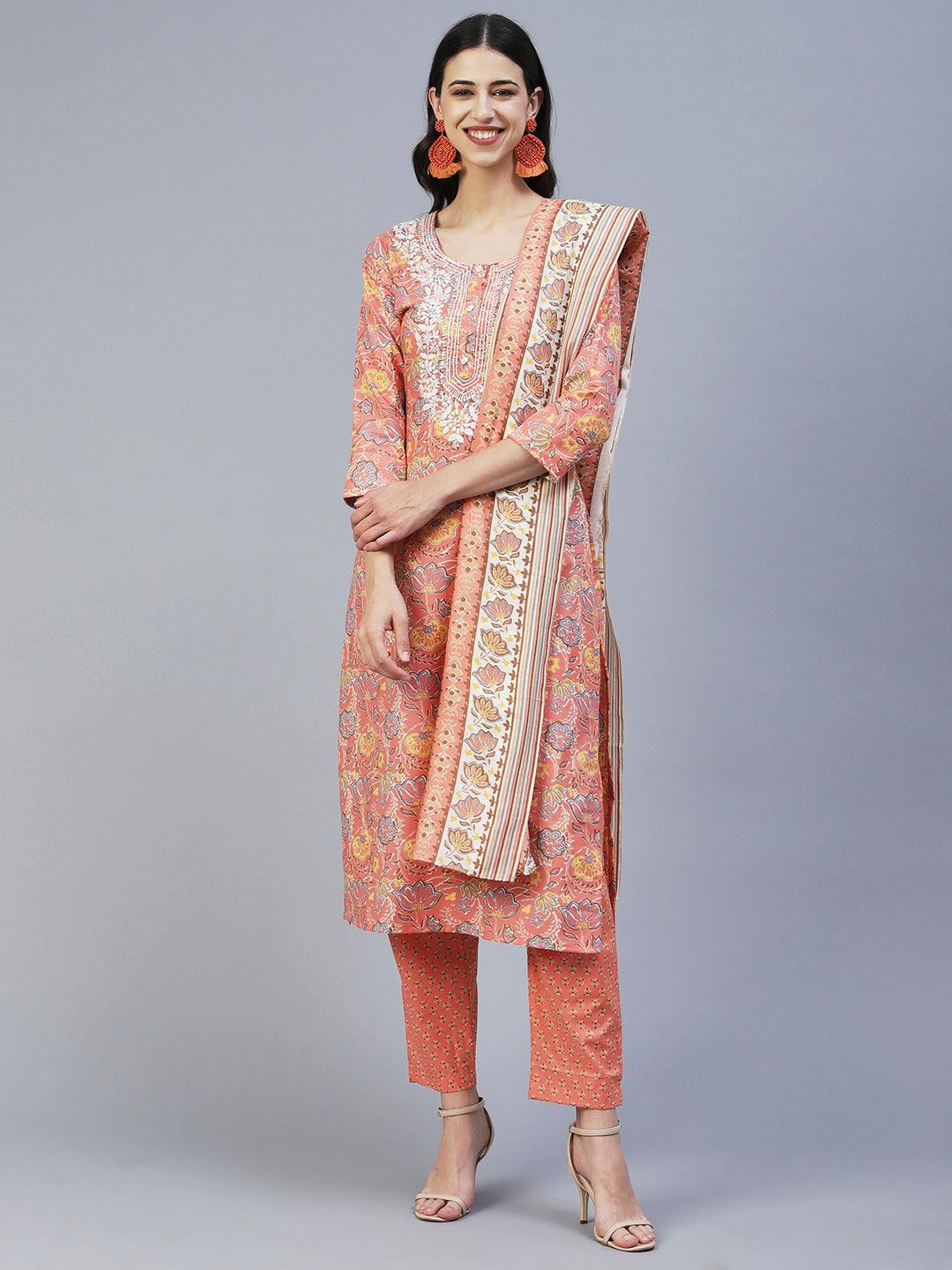 Floral Printed Resham Embroidered Kurta With Pants & Printed Dupatta - Peach - Indiakreations