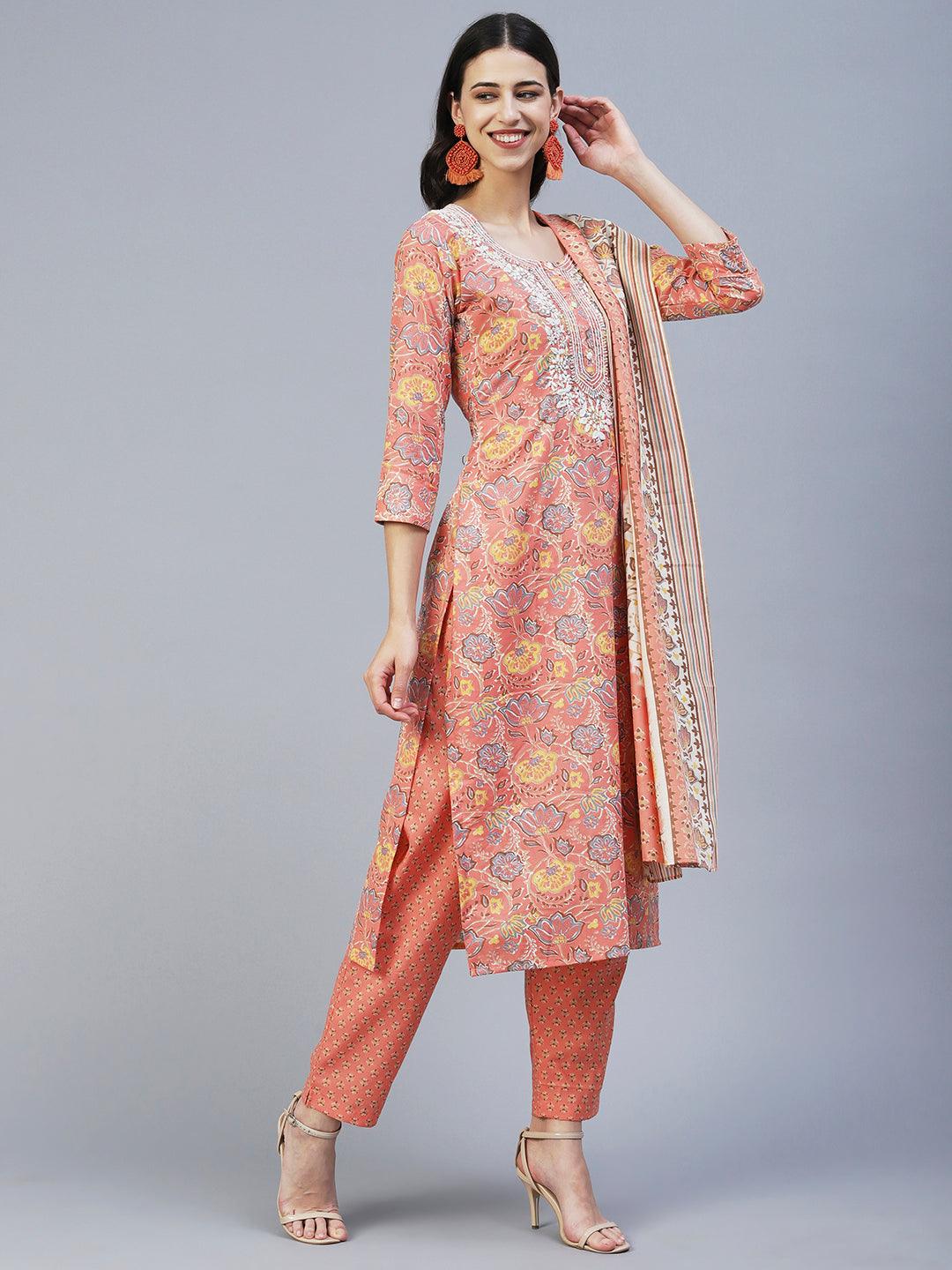 Floral Printed Resham Embroidered Kurta With Pants & Printed Dupatta - Peach - Indiakreations