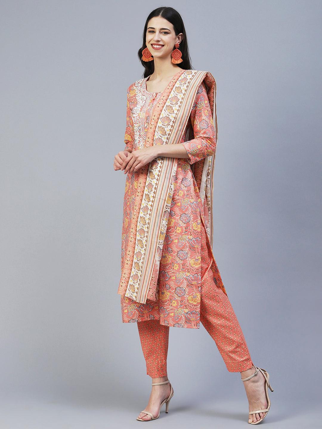 Floral Printed Resham Embroidered Kurta With Pants & Printed Dupatta - Peach - Indiakreations