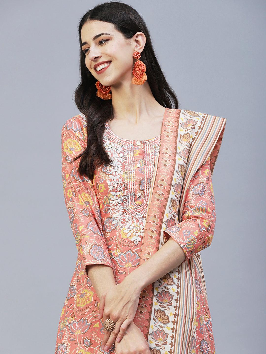 Floral Printed Resham Embroidered Kurta With Pants & Printed Dupatta - Peach - Indiakreations