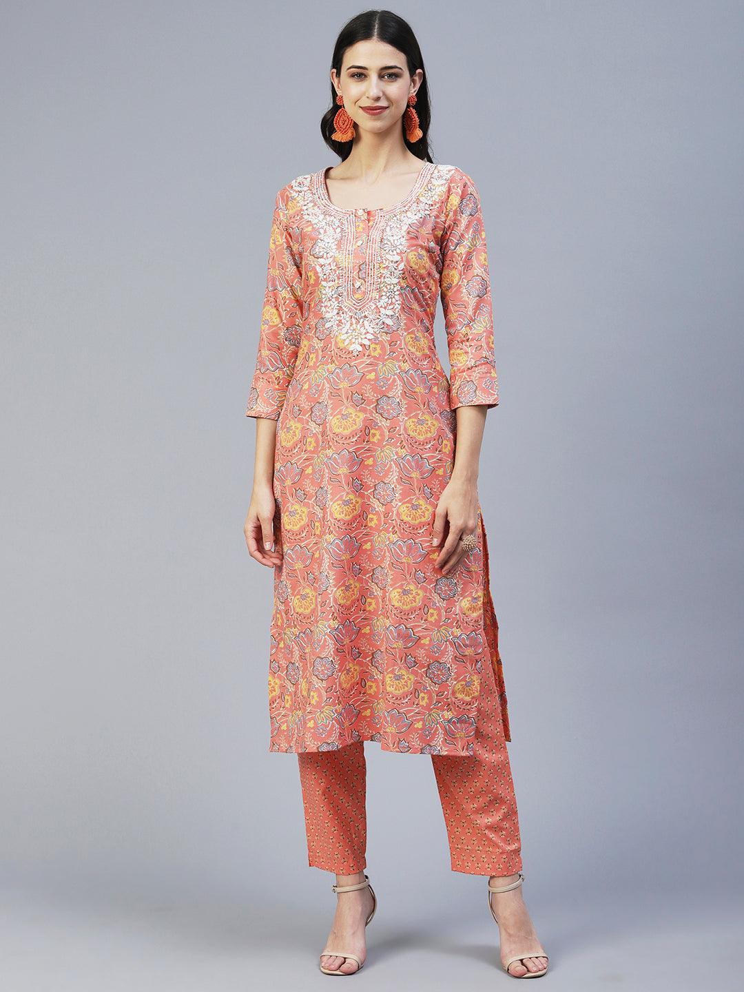 Floral Printed Resham Embroidered Kurta With Pants & Printed Dupatta - Peach - Indiakreations