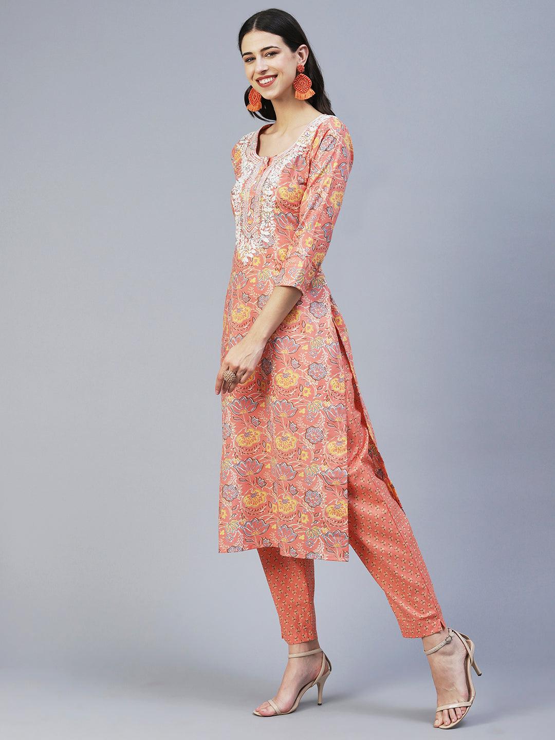 Floral Printed Resham Embroidered Kurta With Pants & Printed Dupatta - Peach - Indiakreations