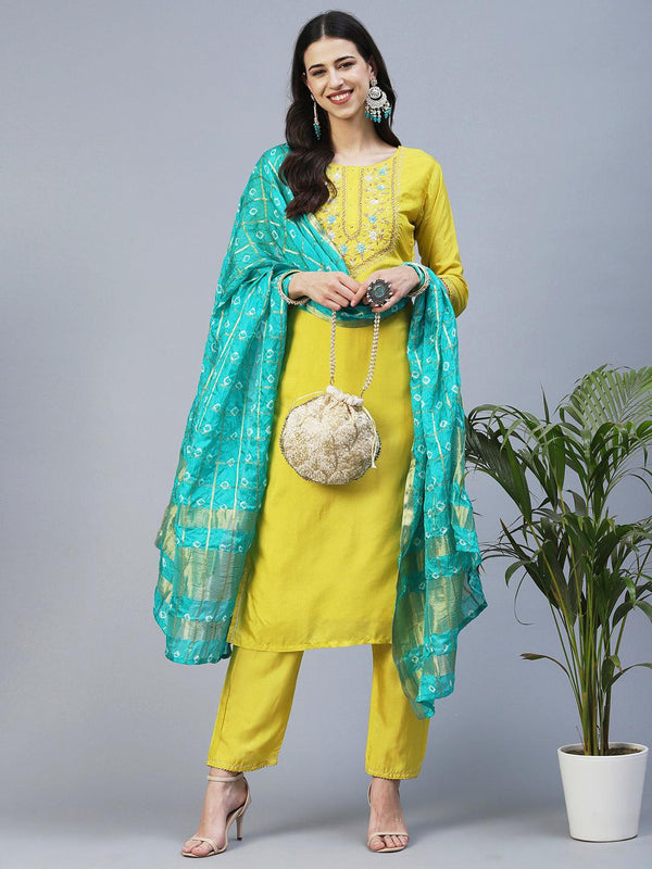 Solid Hand Embroidered Kurta With Pants & Bandhani Dupatta - Yellow - Indiakreations