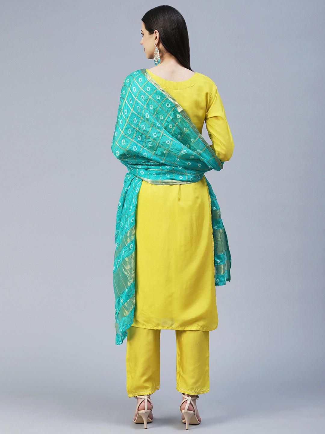 Solid Hand Embroidered Kurta With Pants & Bandhani Dupatta - Yellow - Indiakreations