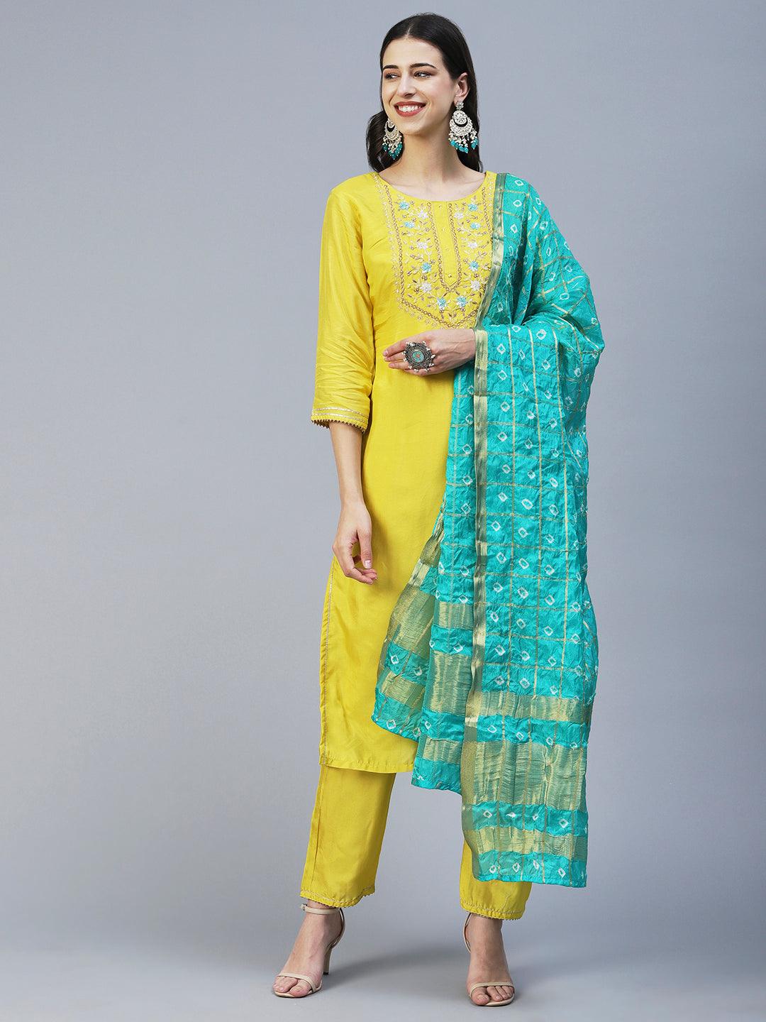 Solid Hand Embroidered Kurta With Pants & Bandhani Dupatta - Yellow - Indiakreations