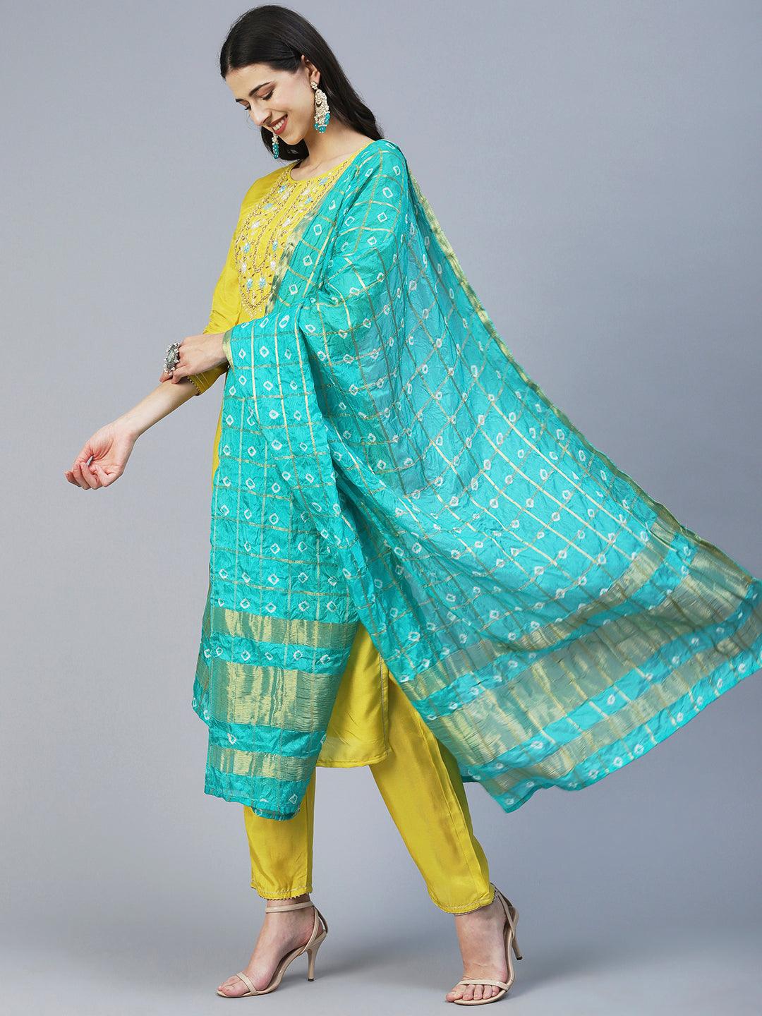 Solid Hand Embroidered Kurta With Pants & Bandhani Dupatta - Yellow - Indiakreations