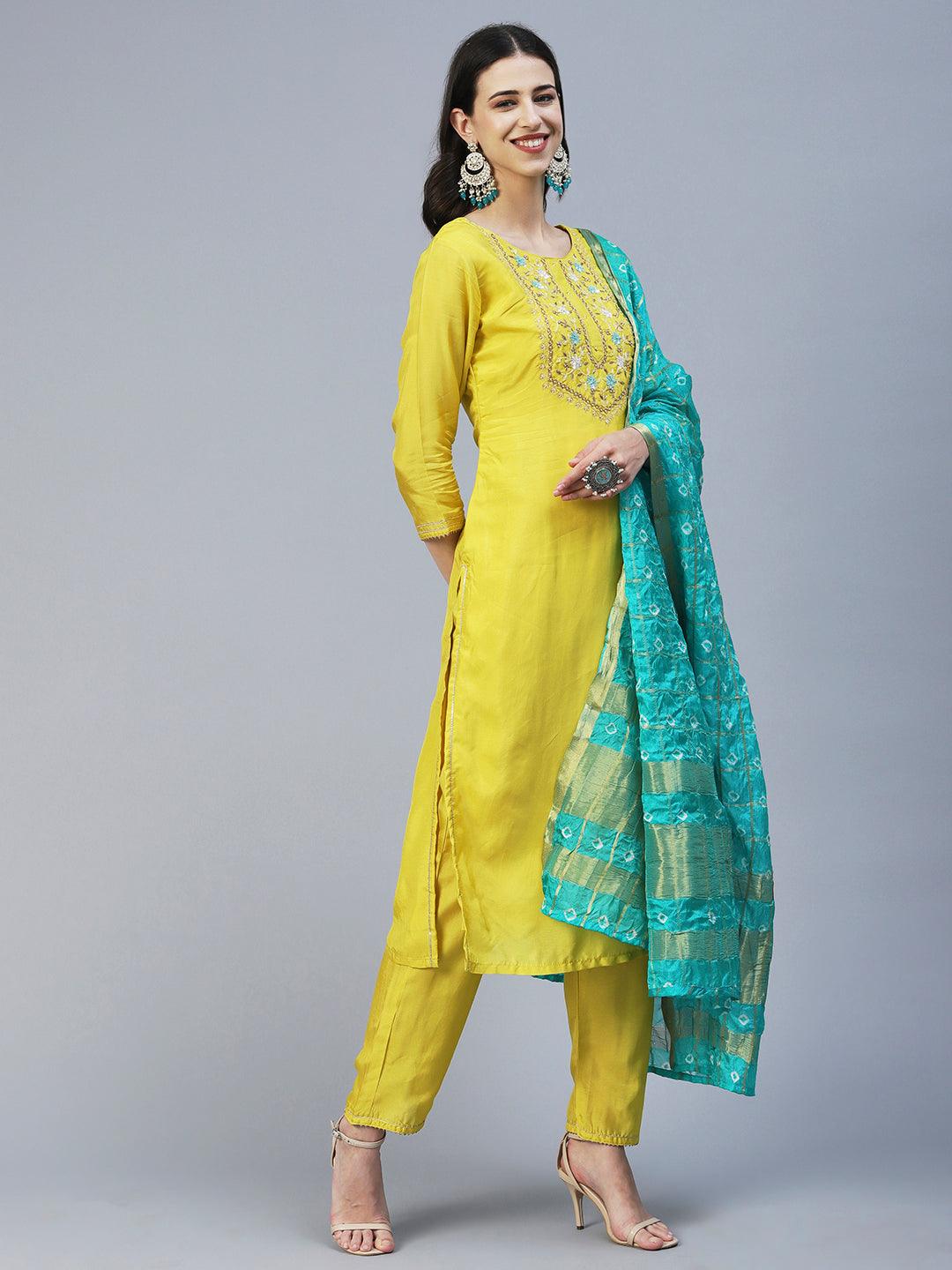 Solid Hand Embroidered Kurta With Pants & Bandhani Dupatta - Yellow - Indiakreations