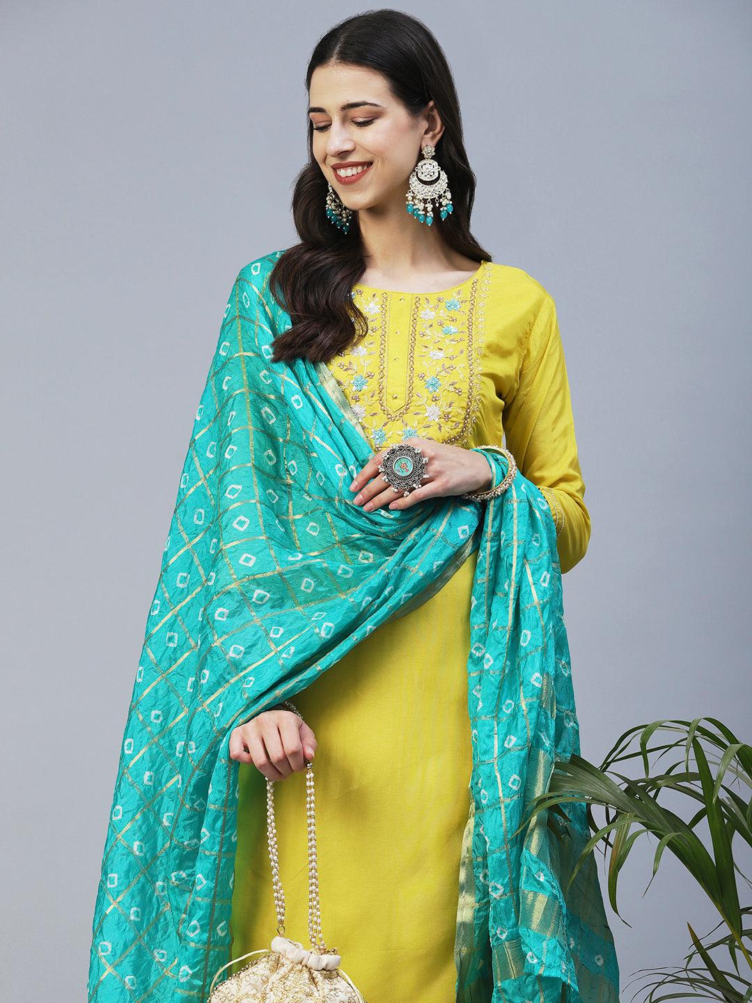 Solid Hand Embroidered Kurta With Pants & Bandhani Dupatta - Yellow - Indiakreations