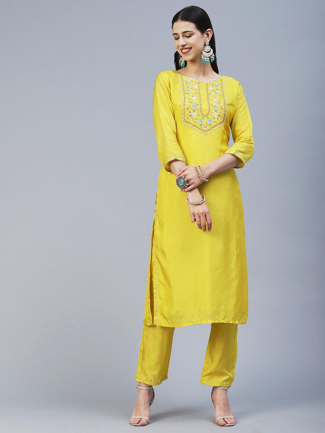 Solid Hand Embroidered Kurta With Pants & Bandhani Dupatta - Yellow - Indiakreations