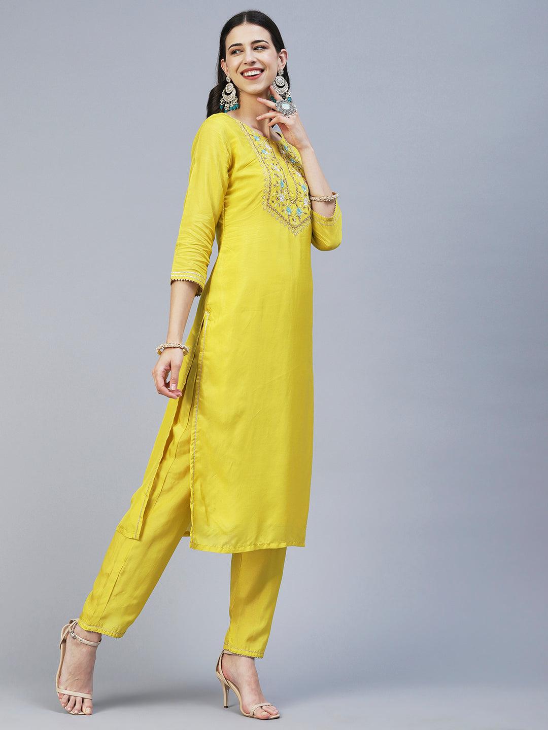 Solid Hand Embroidered Kurta With Pants & Bandhani Dupatta - Yellow - Indiakreations