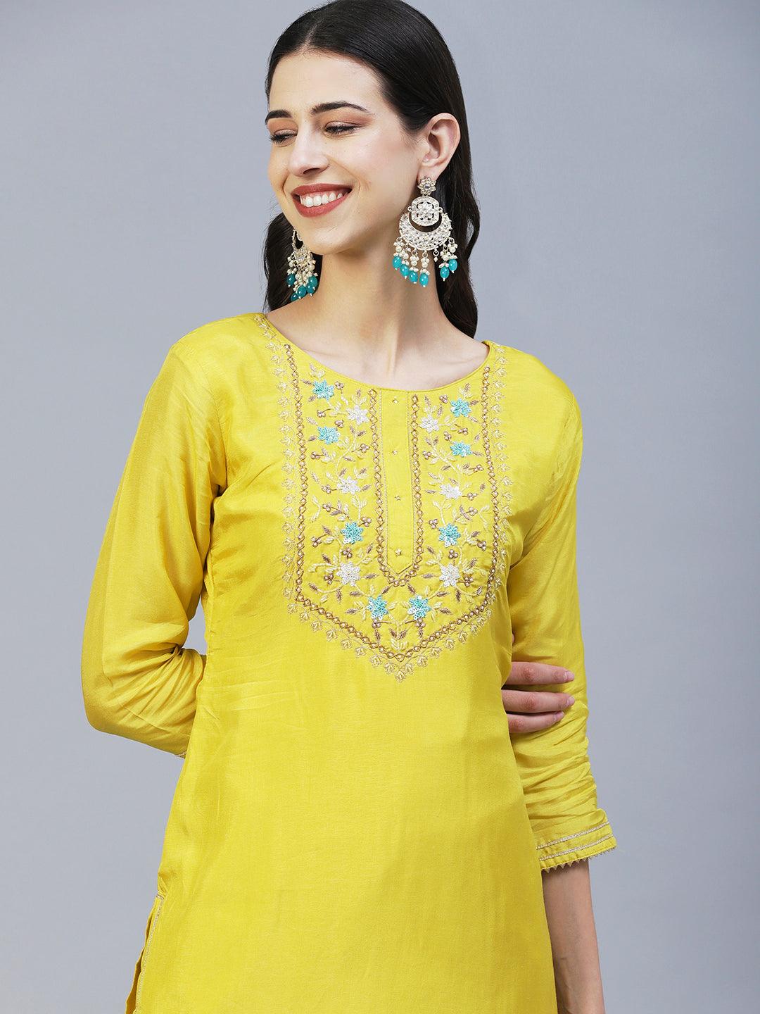 Solid Hand Embroidered Kurta With Pants & Bandhani Dupatta - Yellow - Indiakreations