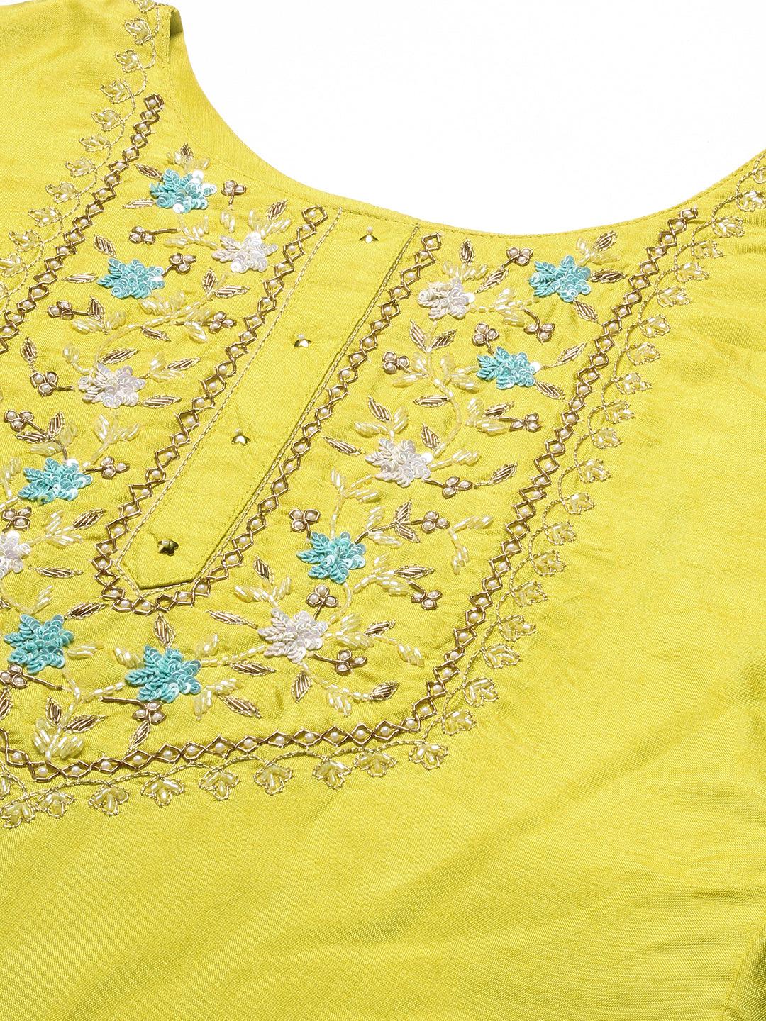 Solid Hand Embroidered Kurta With Pants & Bandhani Dupatta - Yellow - Indiakreations