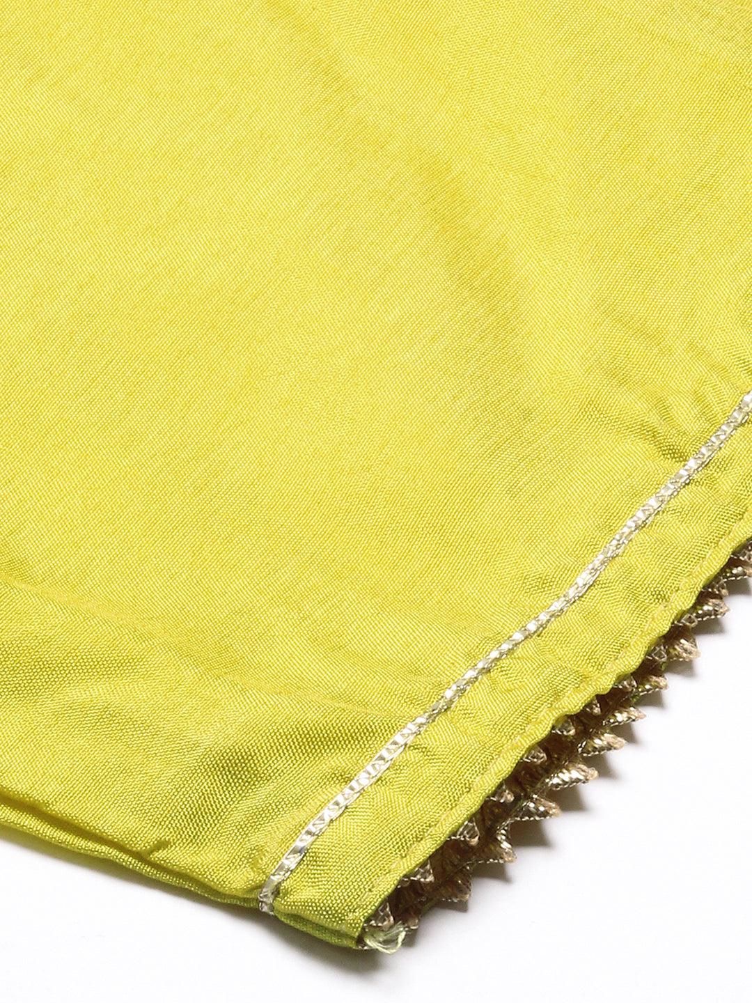 Solid Hand Embroidered Kurta With Pants & Bandhani Dupatta - Yellow - Indiakreations