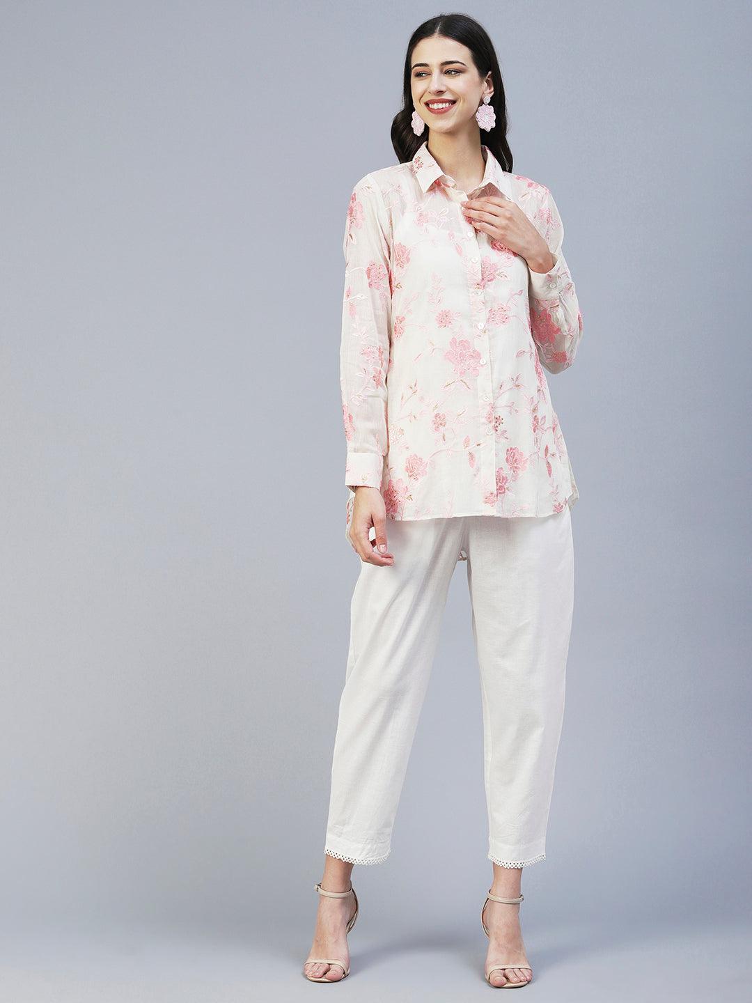 Floral Embroidered Straight Fit Shirt with Pant - Off White - Indiakreations