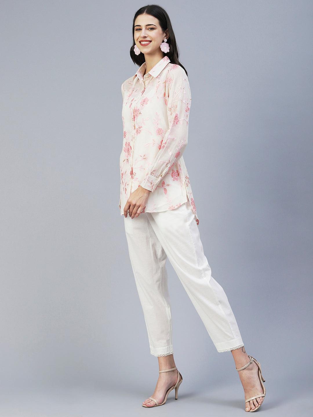 Floral Embroidered Straight Fit Shirt with Pant - Off White - Indiakreations