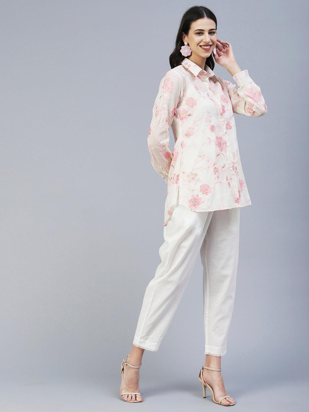 Floral Embroidered Straight Fit Shirt with Pant - Off White - Indiakreations