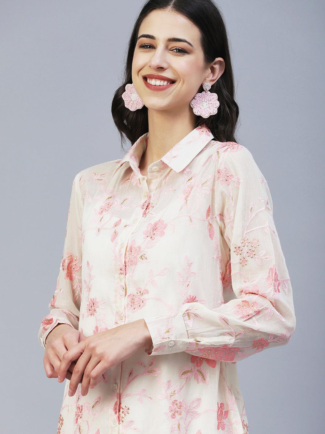 Floral Embroidered Straight Fit Shirt with Pant - Off White - Indiakreations