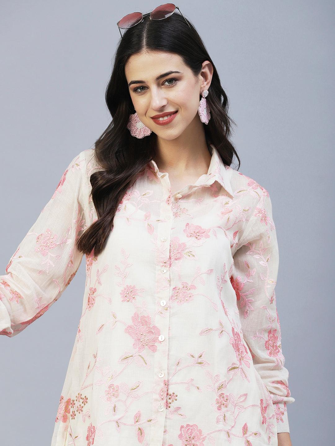 Floral Embroidered Straight Fit Shirt with Pant - Off White - Indiakreations