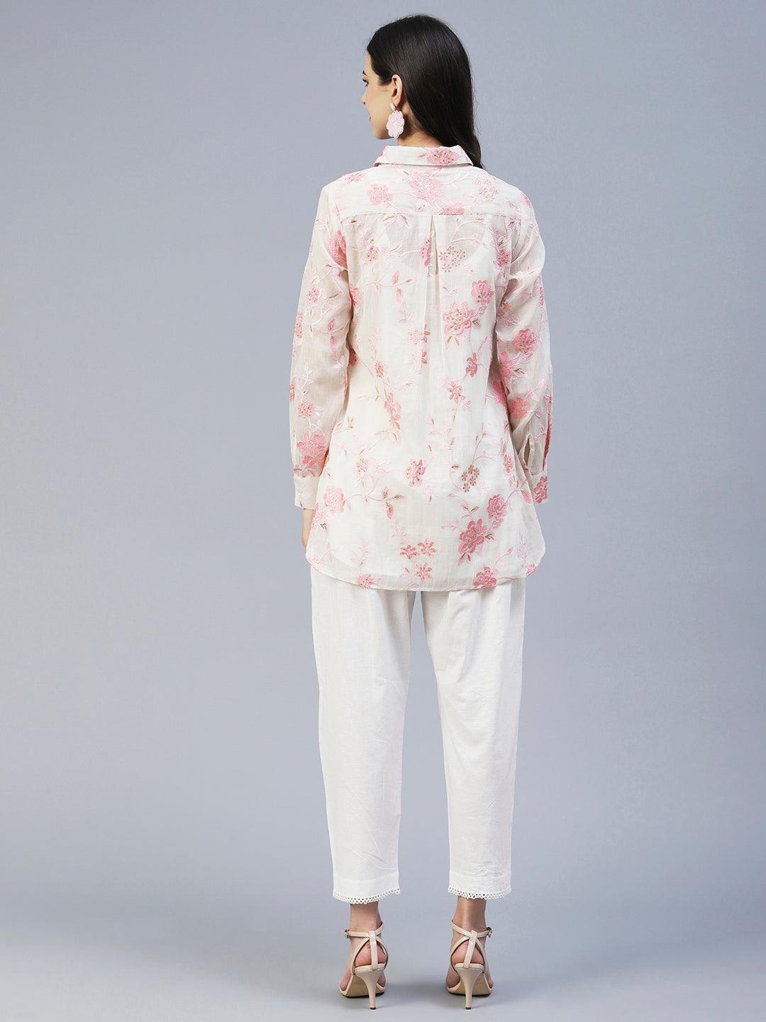 Floral Embroidered Straight Fit Shirt with Pant - Off White - Indiakreations