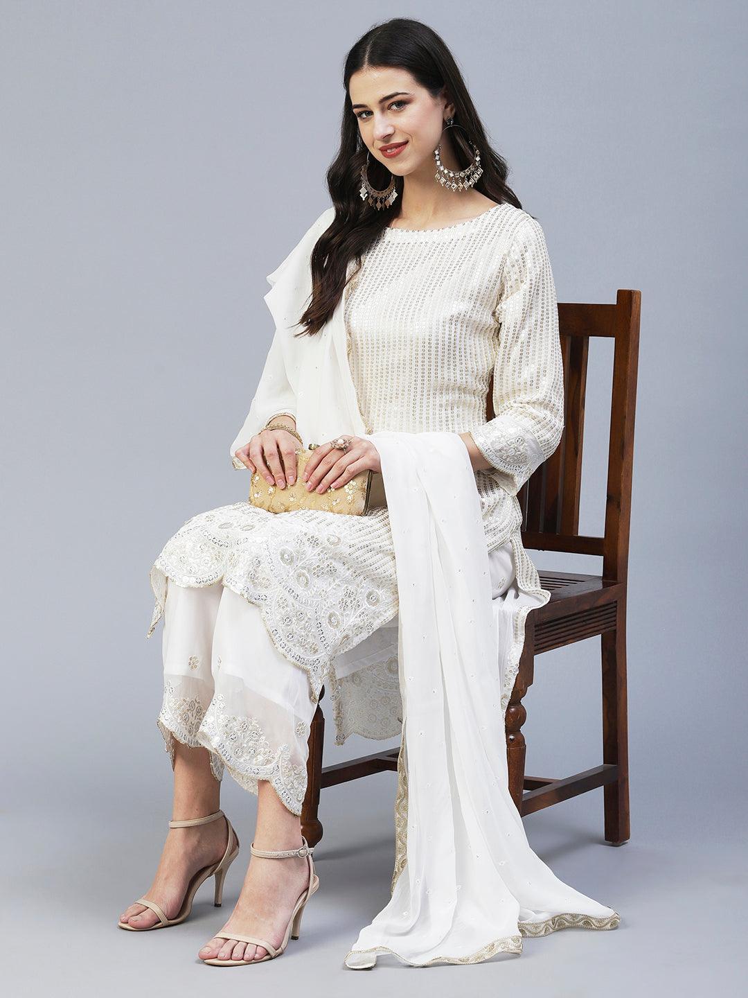 Sequin Embroidered Straight Fit Kurta with Palazzo - Off White - Indiakreations