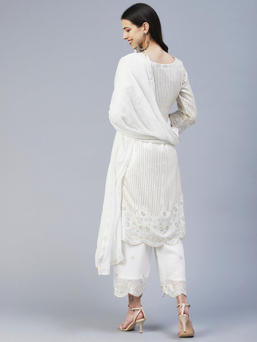 Sequin Embroidered Straight Fit Kurta with Palazzo - Off White - Indiakreations