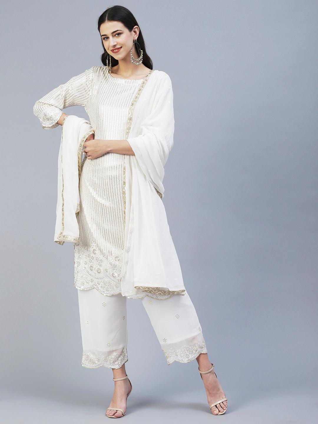 Sequin Embroidered Straight Fit Kurta with Palazzo - Off White - Indiakreations