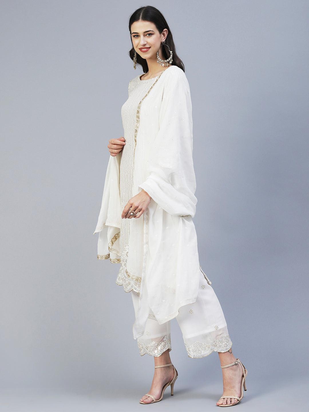 Sequin Embroidered Straight Fit Kurta with Palazzo - Off White - Indiakreations