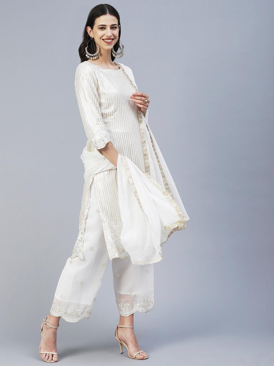 Sequin Embroidered Straight Fit Kurta with Palazzo - Off White - Indiakreations