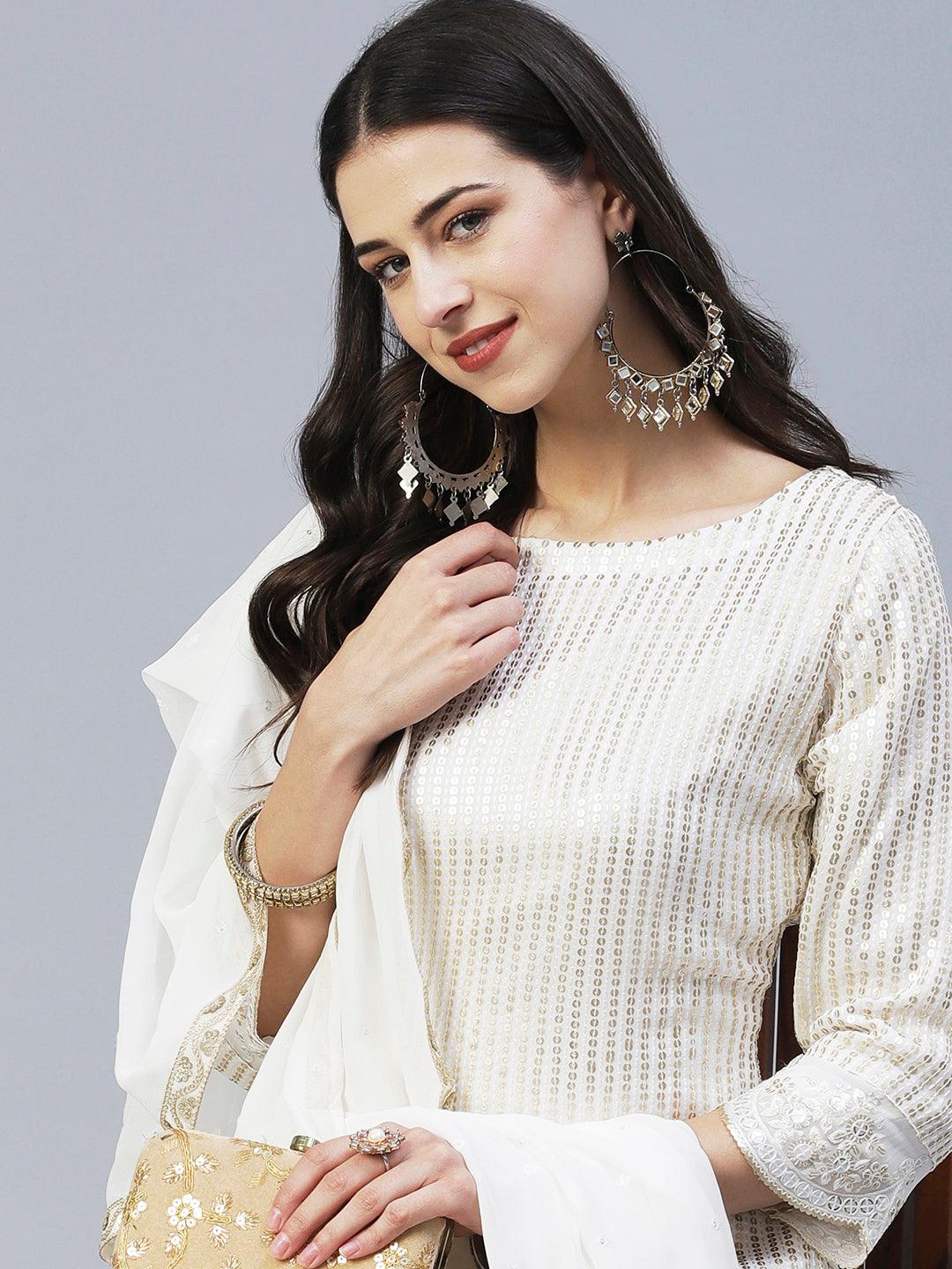 Sequin Embroidered Straight Fit Kurta with Palazzo - Off White - Indiakreations