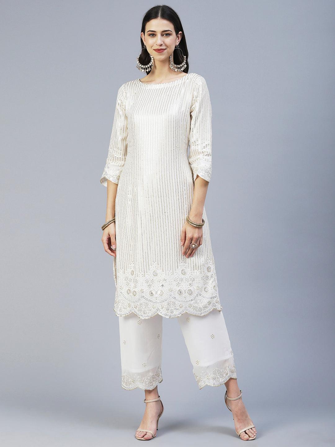 Sequin Embroidered Straight Fit Kurta with Palazzo - Off White - Indiakreations