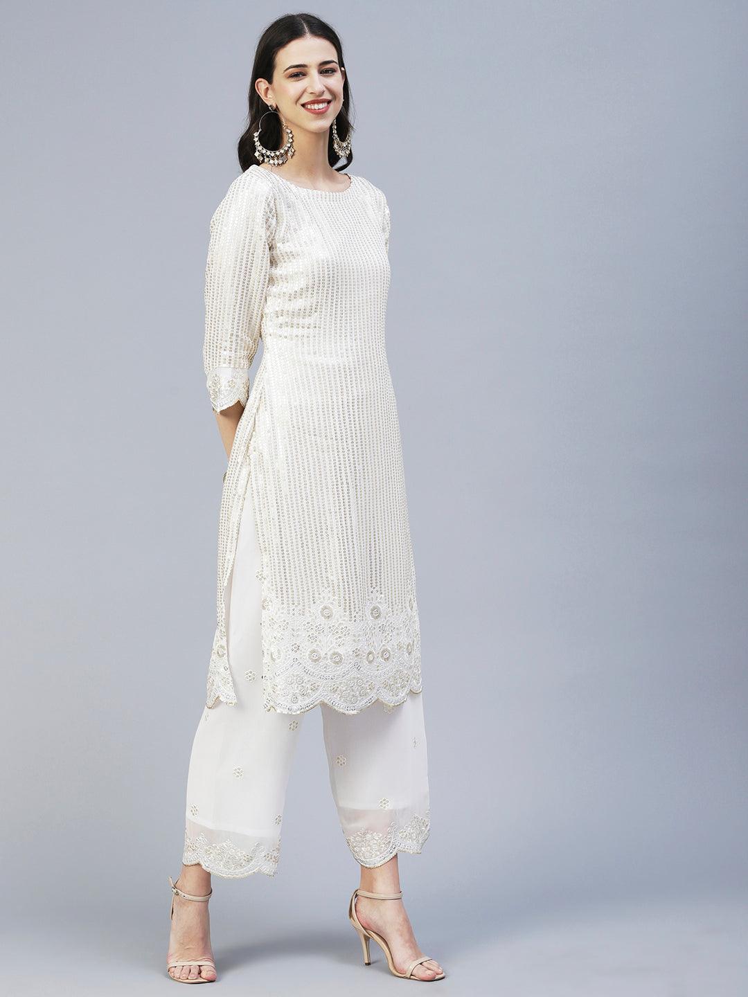 Sequin Embroidered Straight Fit Kurta with Palazzo - Off White - Indiakreations