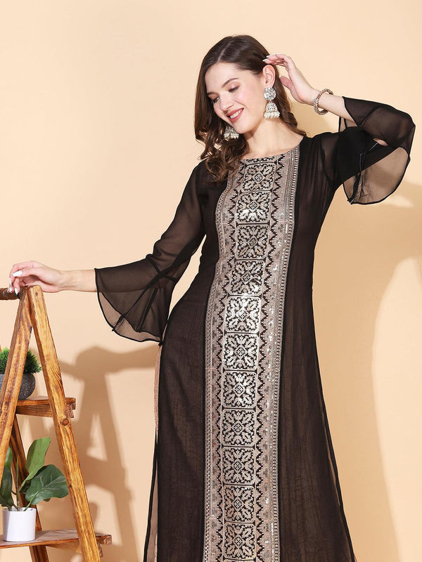 Solid Resham Embroidered Dress With Tiered Inner - Black & Beige - Indiakreations