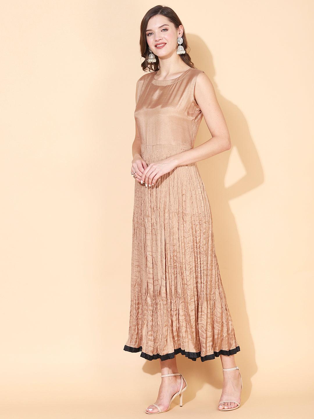 Solid Resham Embroidered Dress With Tiered Inner - Black & Beige - Indiakreations