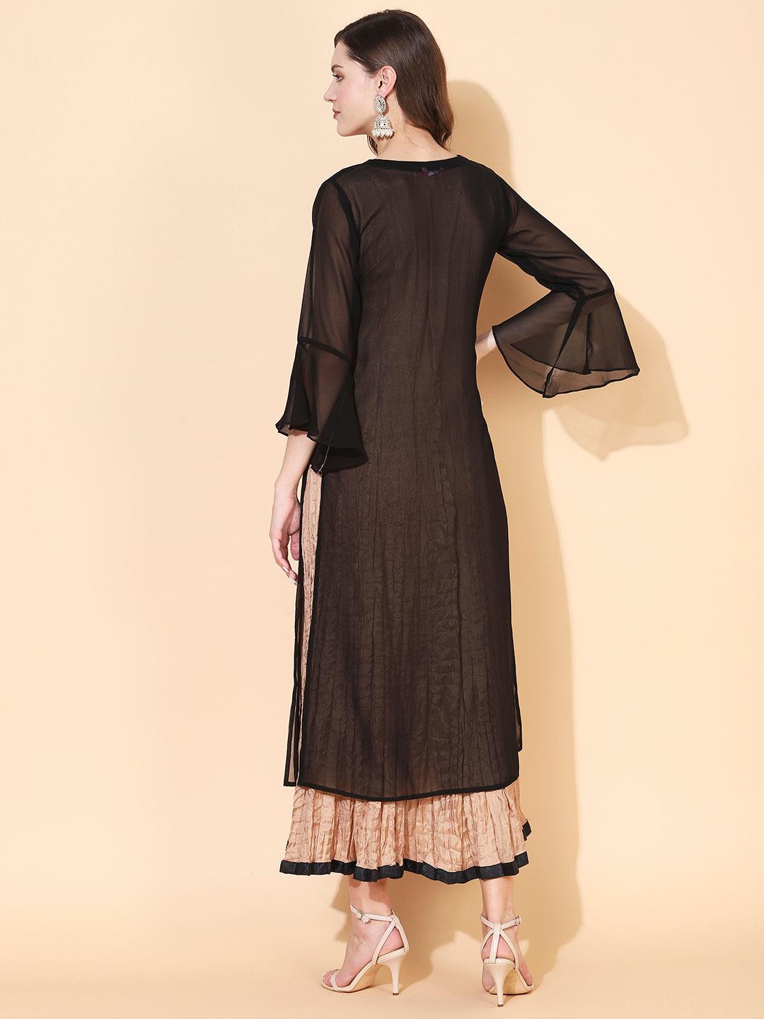 Solid Resham Embroidered Dress With Tiered Inner - Black & Beige - Indiakreations