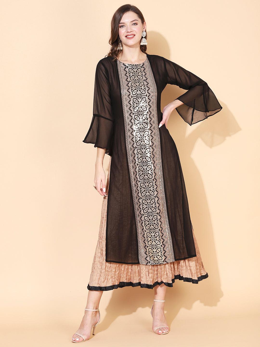 Solid Resham Embroidered Dress With Tiered Inner - Black & Beige - Indiakreations